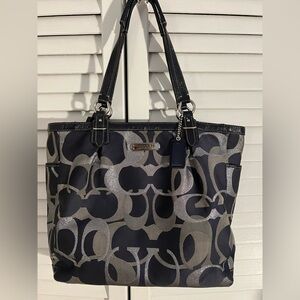 Coach Navy Blue & Silver Signature Jacquard Tote. Navy Blue Leather& Handles